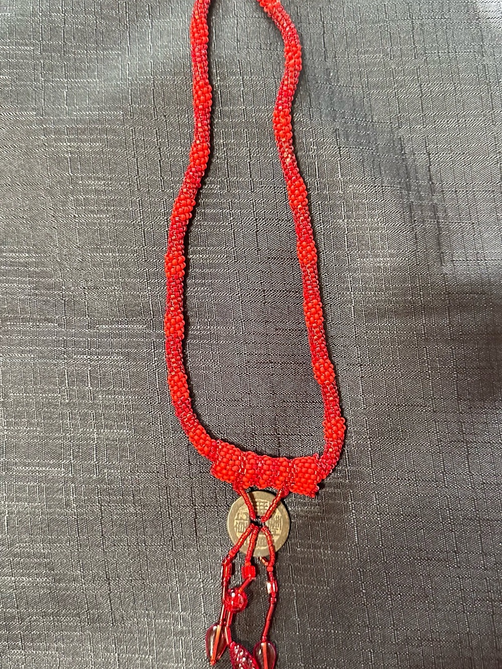 Handcrafted Red Seed Bead Necklace with Coin Pendant